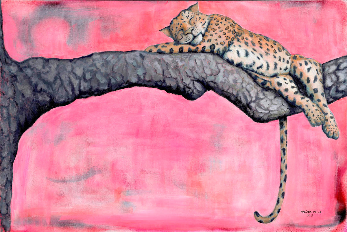A painting of a leopard resting on a dark tree branch against a vibrant pink background, with the artist's signature "Mariana Mello" in the lower right corner.